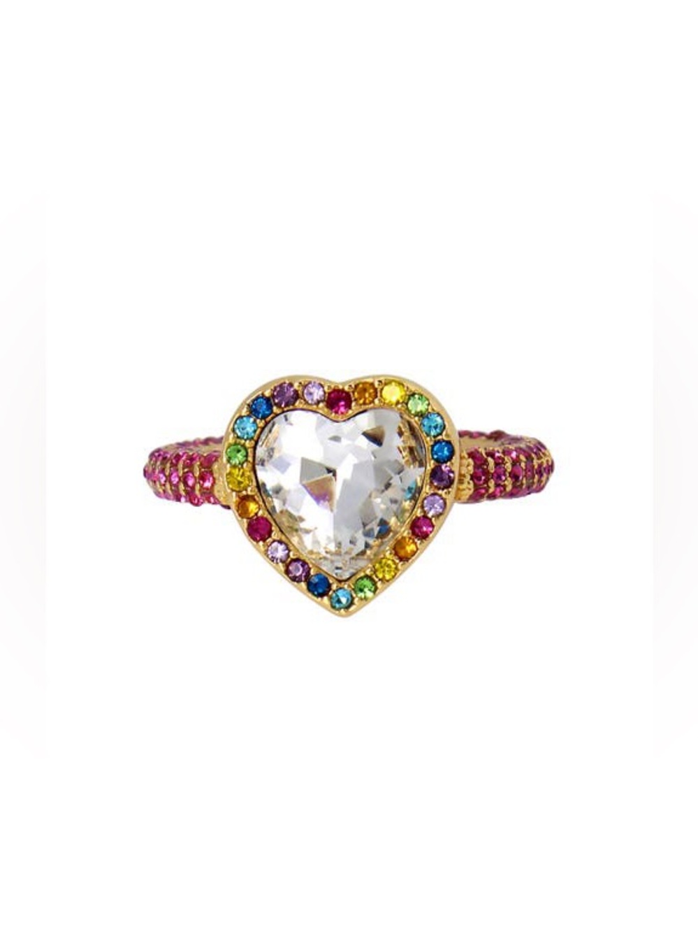 KURT GEIGER Rainbow Crystal Heart Cocktail Ring In Gold Tone, 7